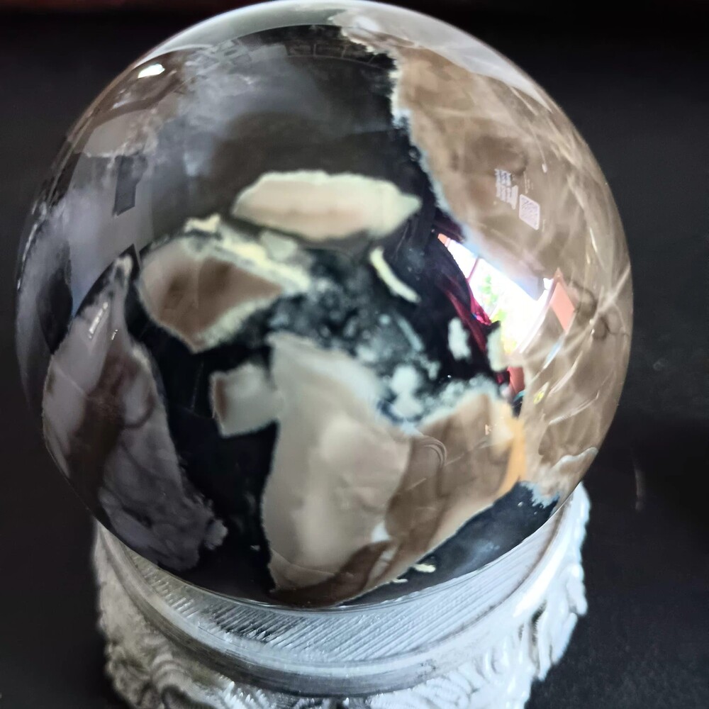 Volcano Agate Sphere Polished Crystal with Decorative White Carved Stand